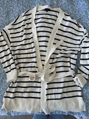 Talbots Cream and Black Striped Belted Cardigan